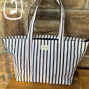 Poppy & Peonies Black and White Vertical Stripe Tote